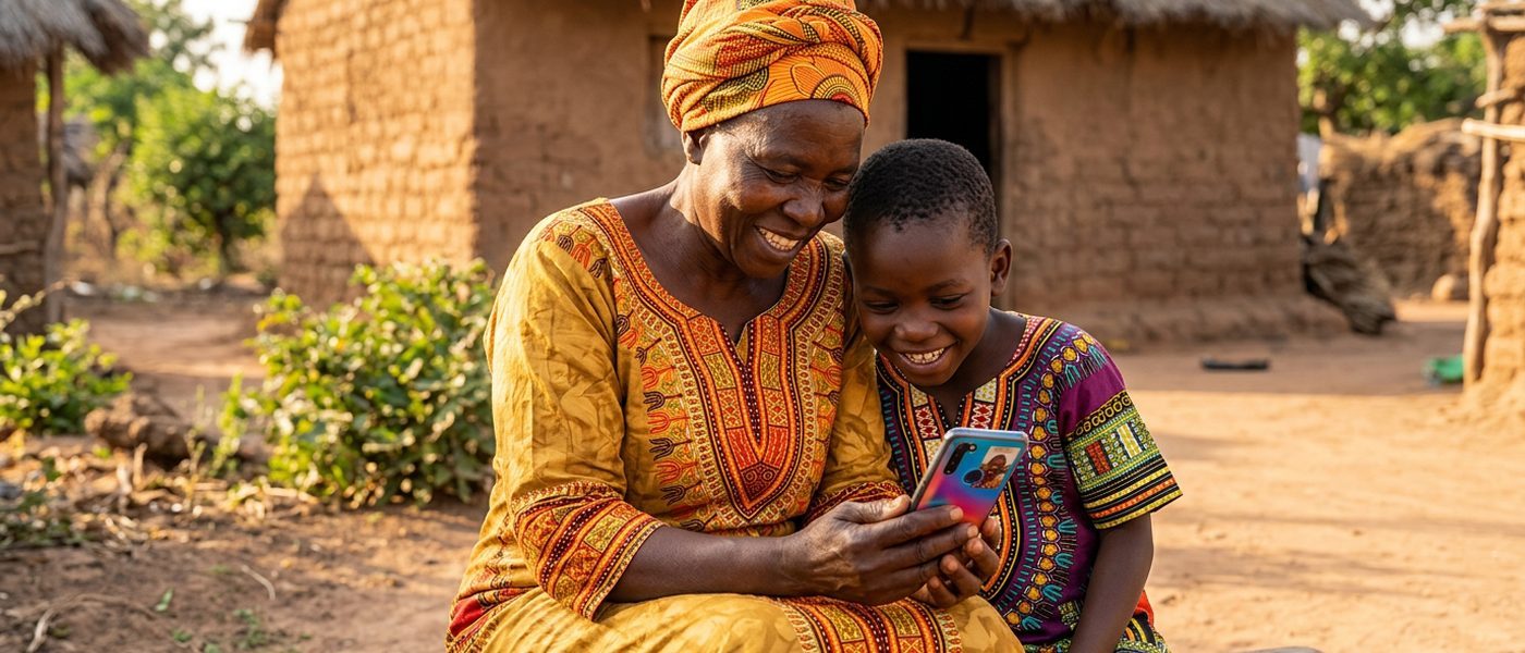African grandmother and child sharing a phone outside their home