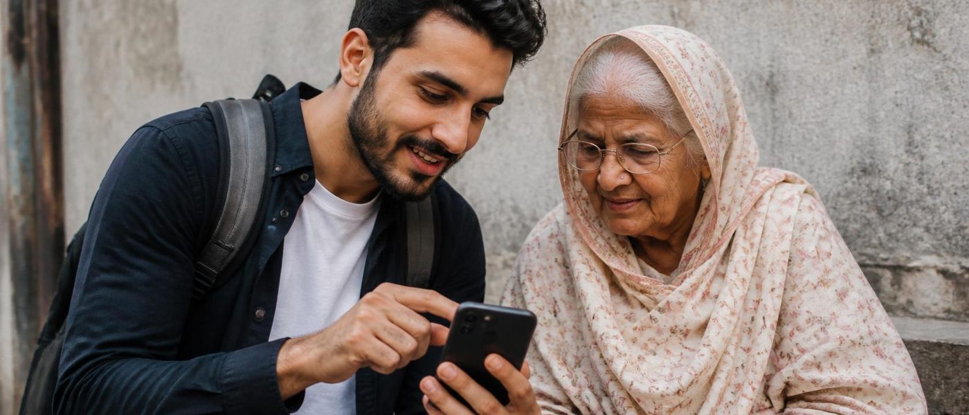 Young man showing phone to an elderly woman in South Asia