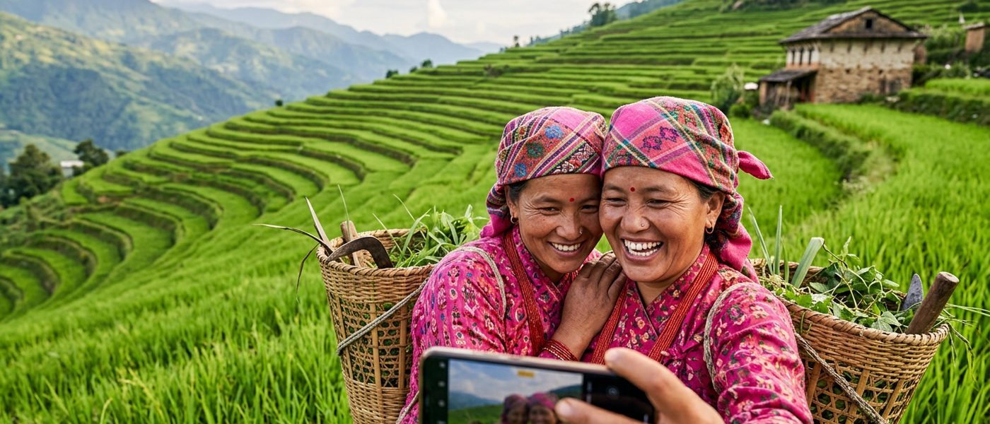 Two Nepali women in pink traditional dress taking a selfie in rice fields