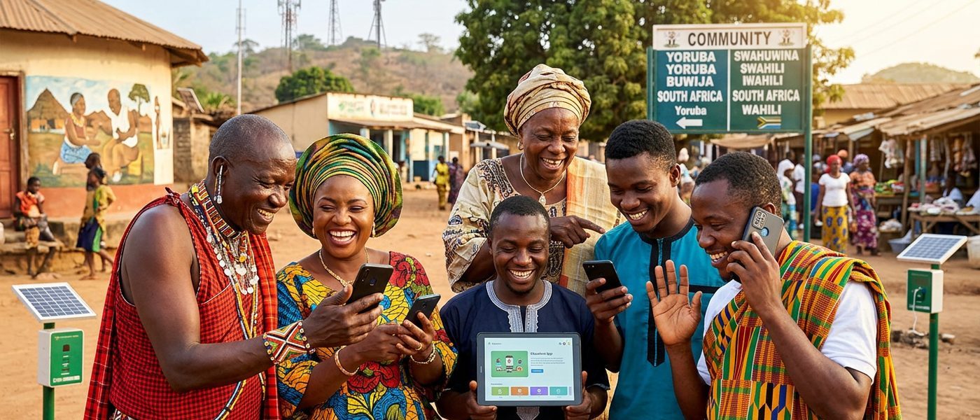 Mission team using a tablet in an African village