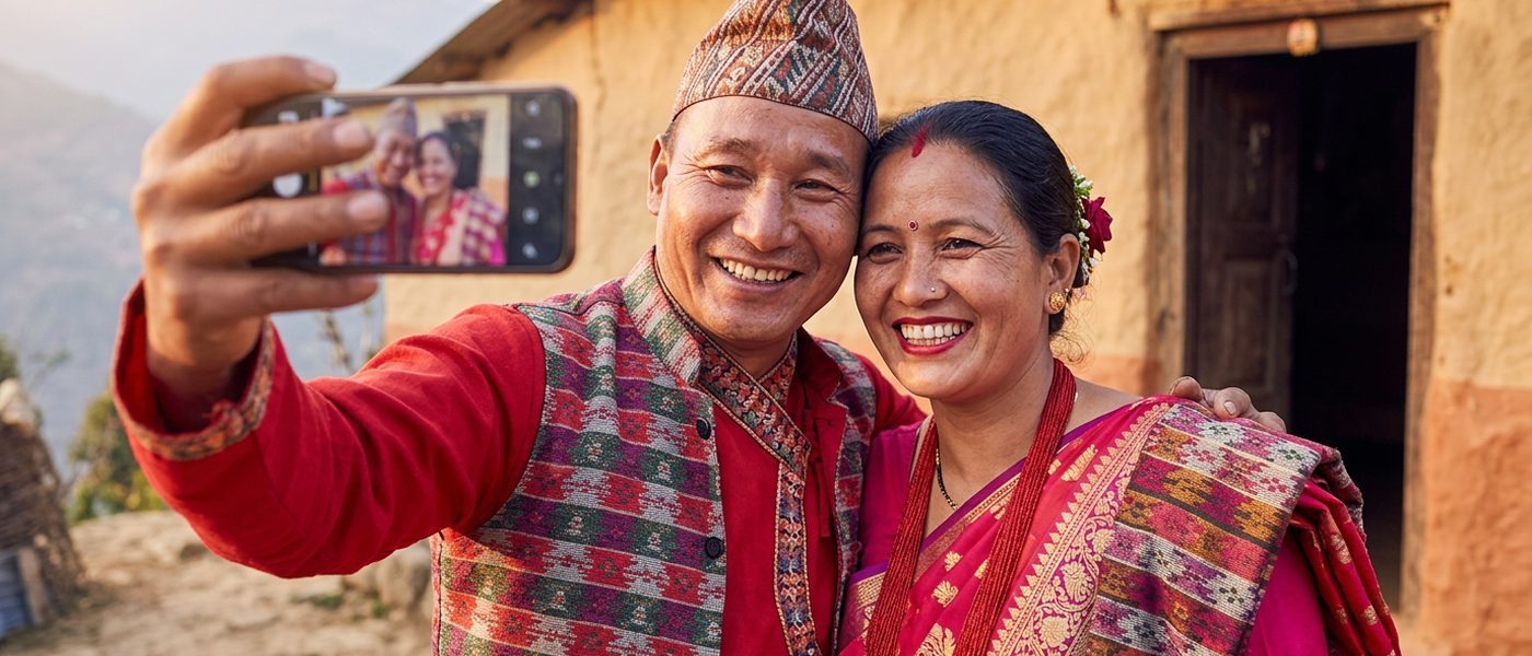 Nepali couple in traditional dress taking a selfie outside their home