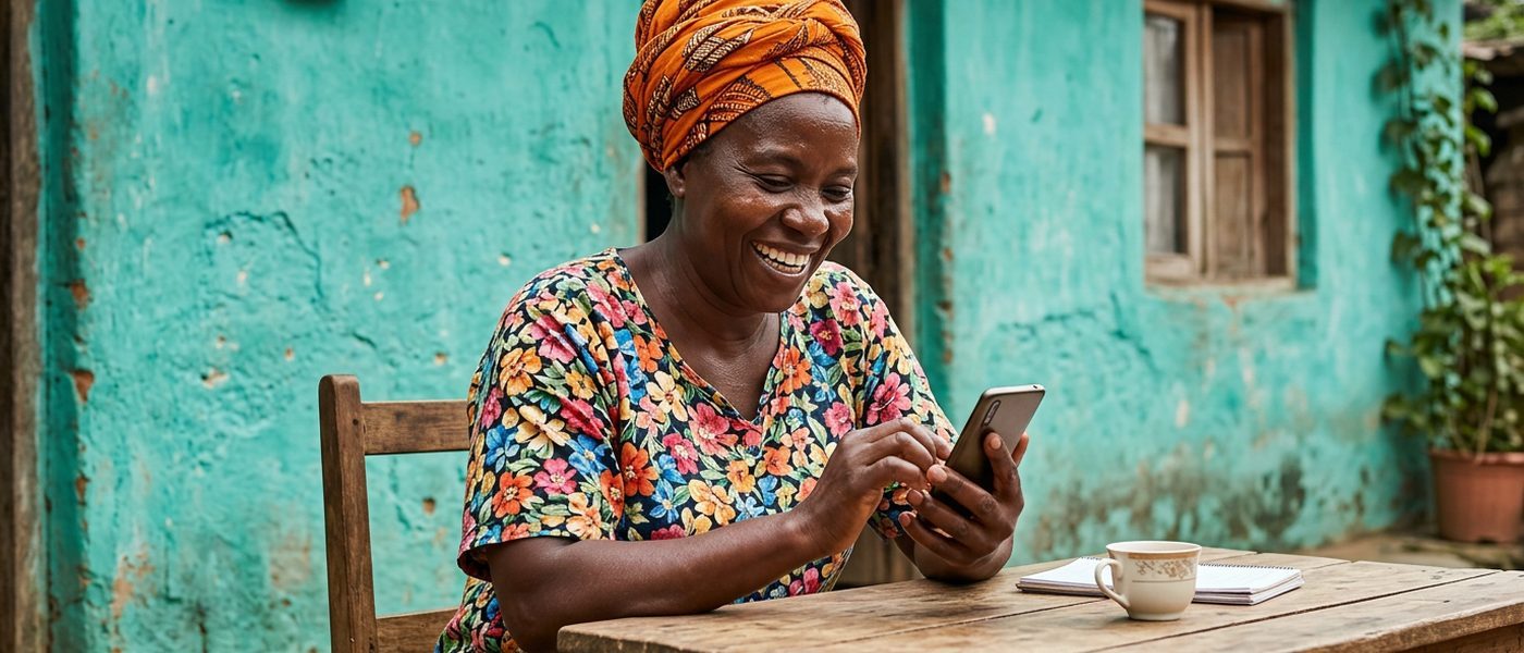 Smiling African woman using phone at outdoor table